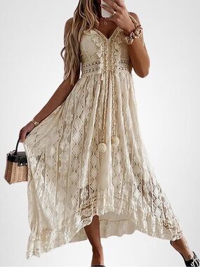 Cream Crochet Lace Boho Maxi Dress with Tassel Details